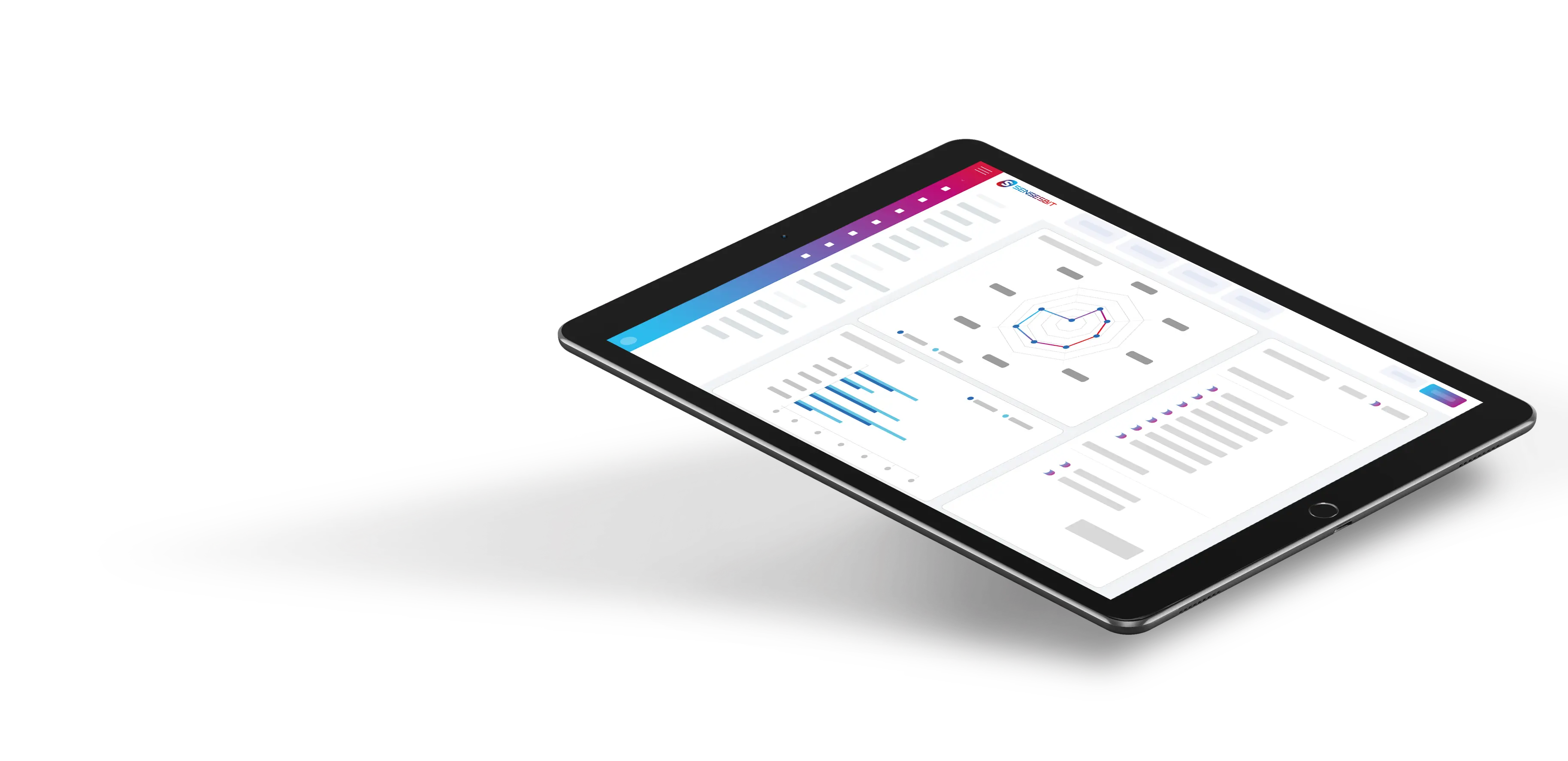 Tablet displaying bar and line charts